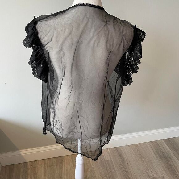 Black Lace Ruffle Floral Sheer Cardigan Women's Small Fairy Goth Regency READ - Picture 3 of 6